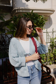 Tie front knit cardigan in light blue