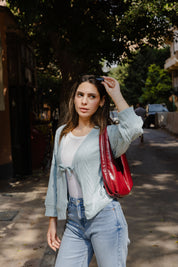 Tie front knit cardigan in light blue