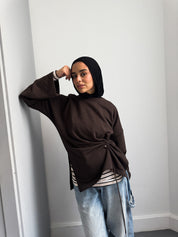 Gathered Waist Crewneck In Brown