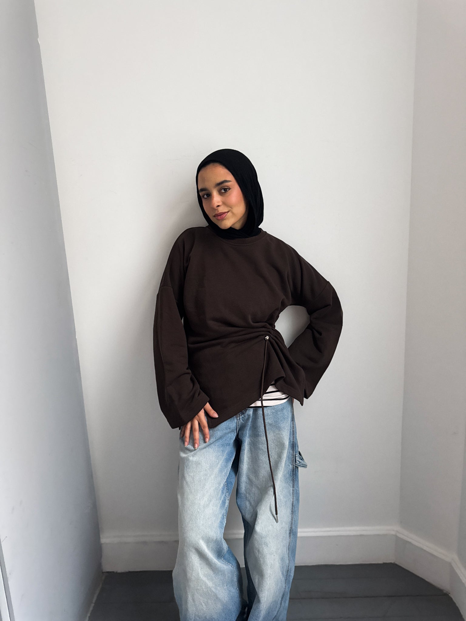 Gathered Waist Crewneck In Brown