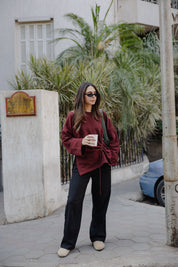 Gathered Waist Crewneck In Maroon