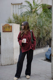 Gathered Waist Crewneck In Maroon