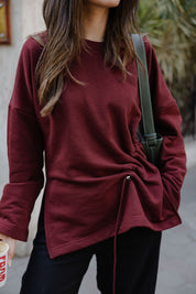 Gathered Waist Crewneck In Maroon