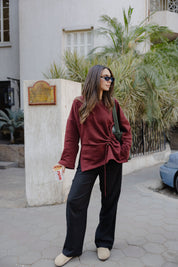 Gathered Waist Crewneck In Maroon