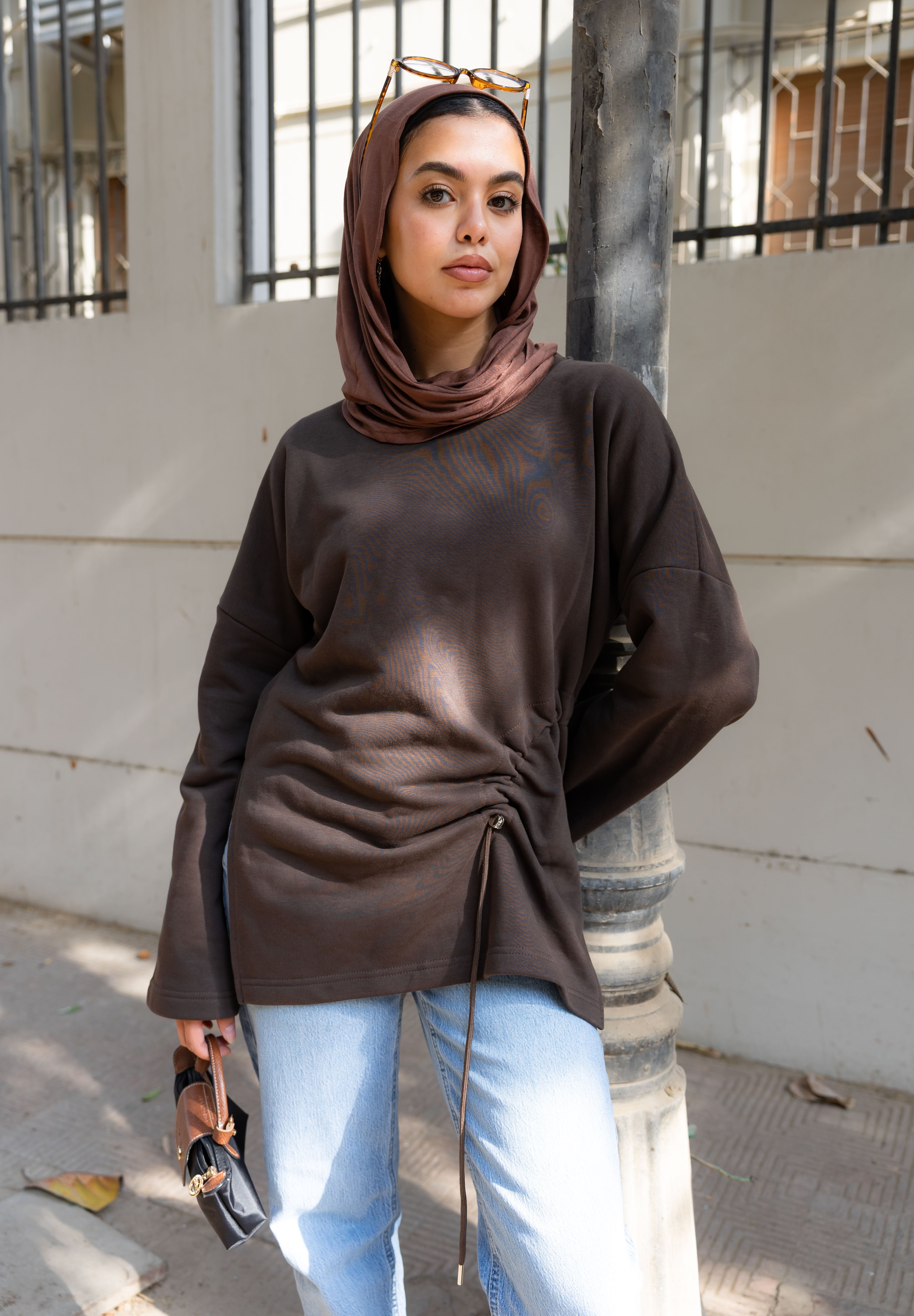 Gathered Waist Crewneck In Brown