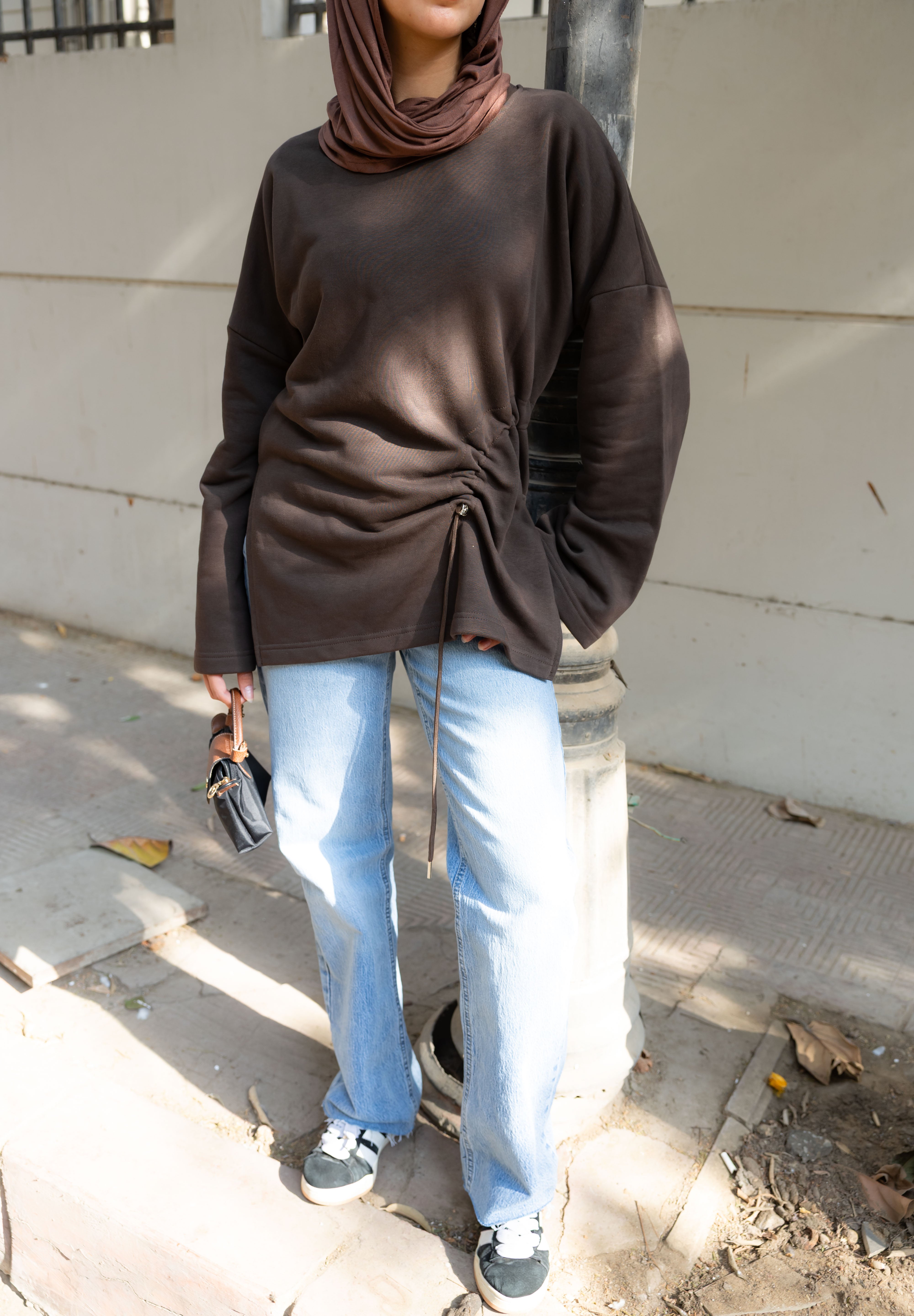 Gathered Waist Crewneck In Brown