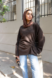 Gathered Waist Crewneck In Brown
