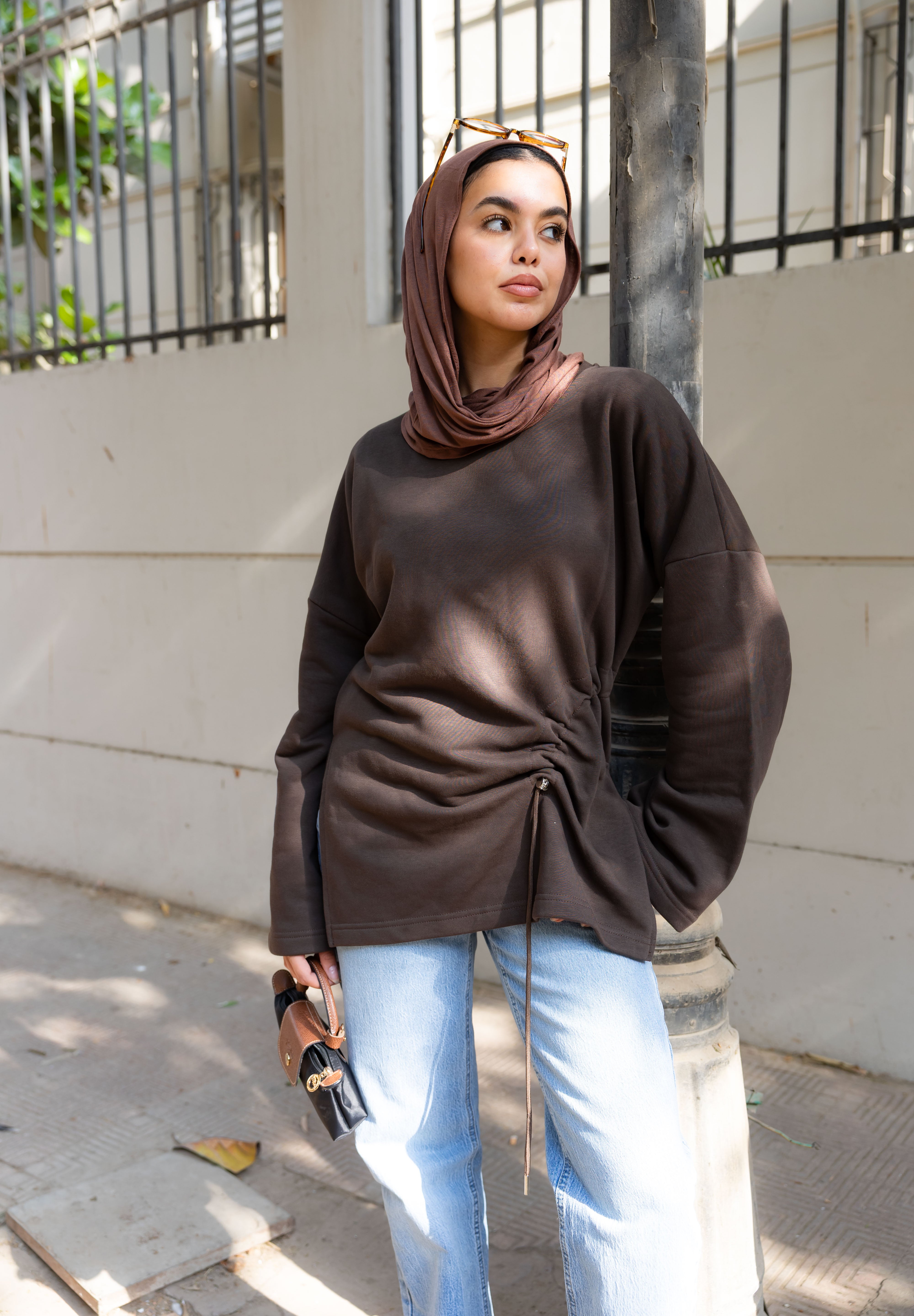 Gathered Waist Crewneck In Brown
