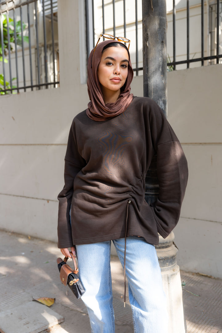 Gathered Waist Crewneck In Brown