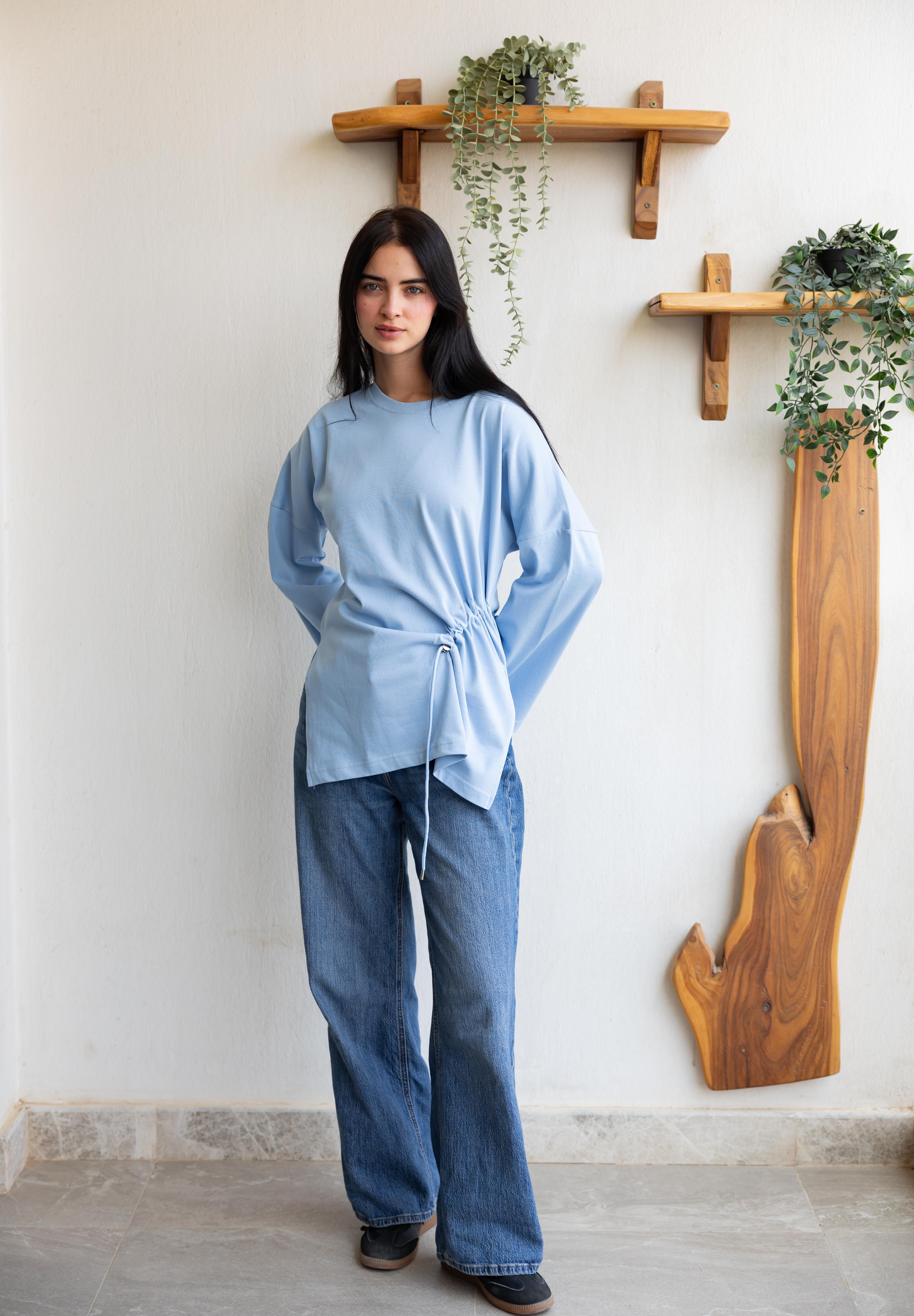 Gathered Waist T-shirt In Baby Blue