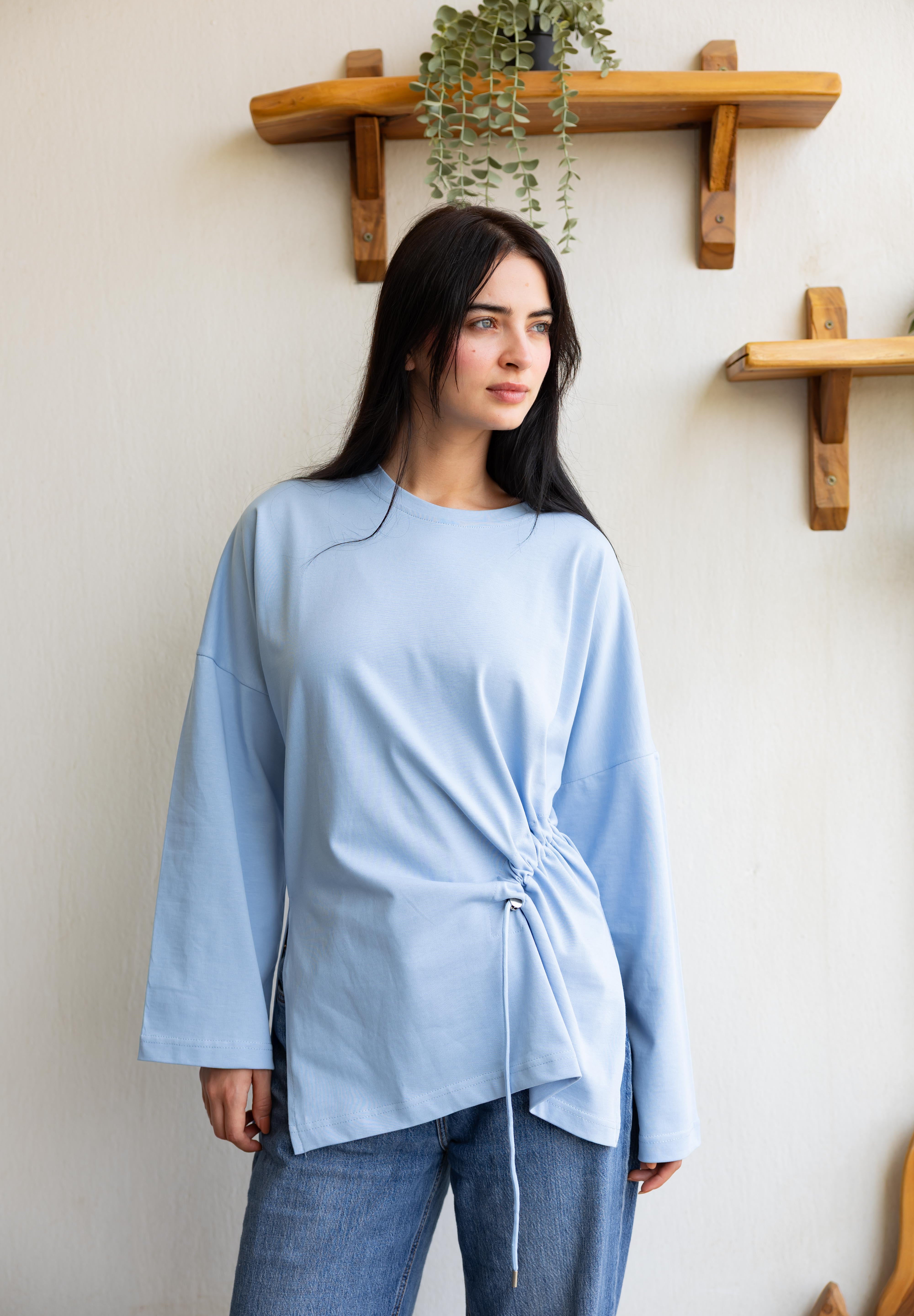 Gathered Waist T-shirt In Baby Blue