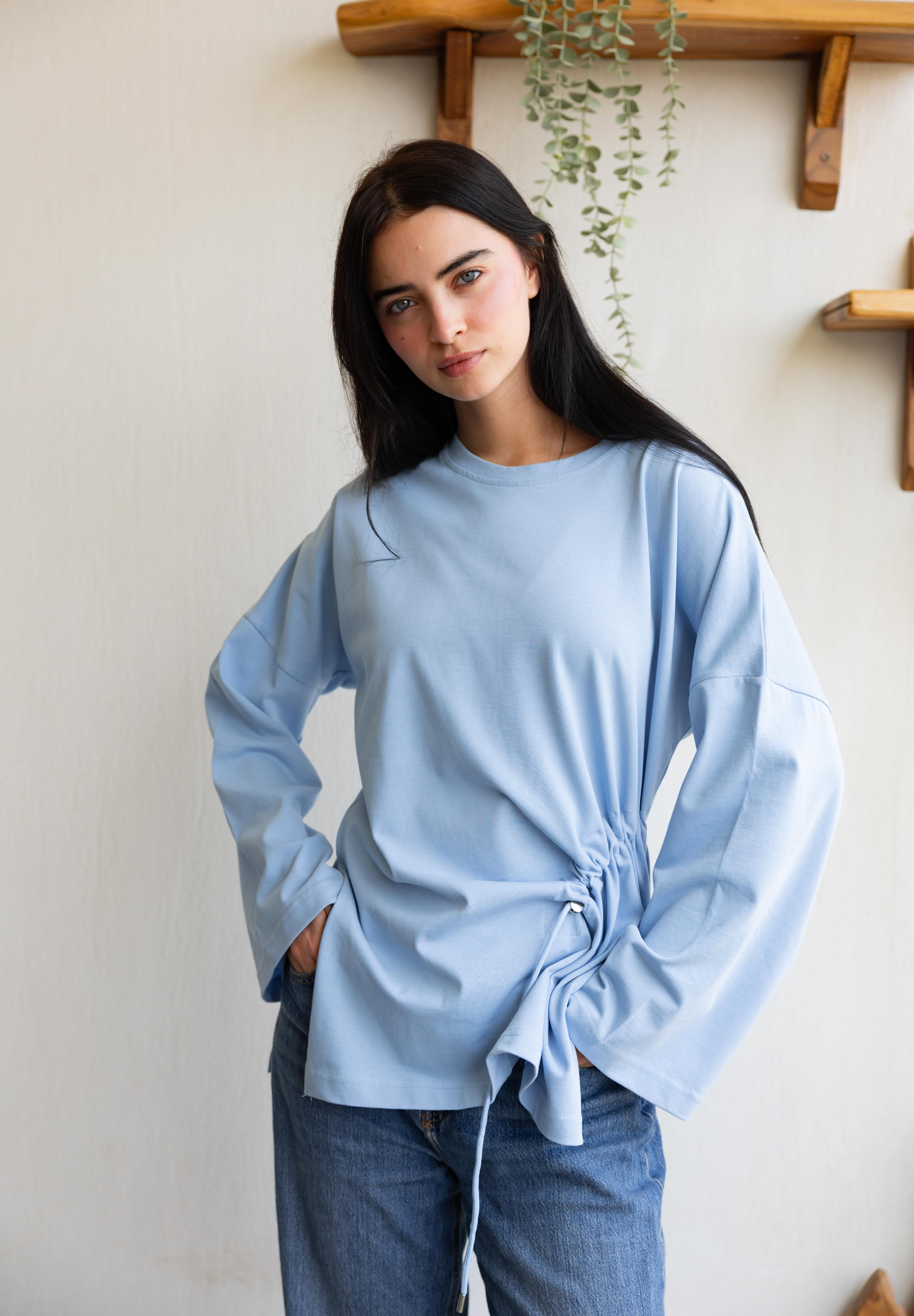 Gathered Waist T-shirt In Baby Blue