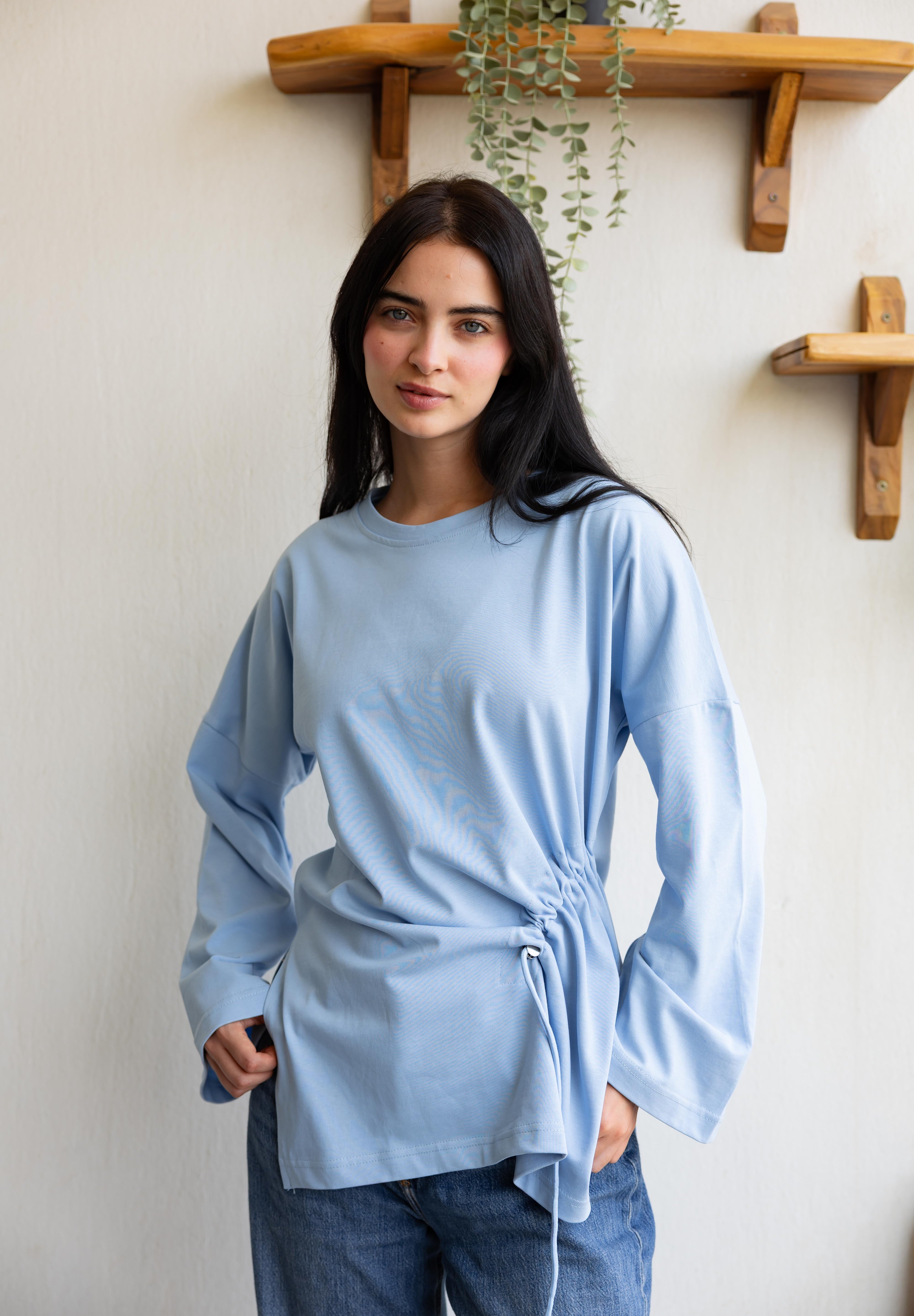 Gathered Waist T-shirt In Baby Blue