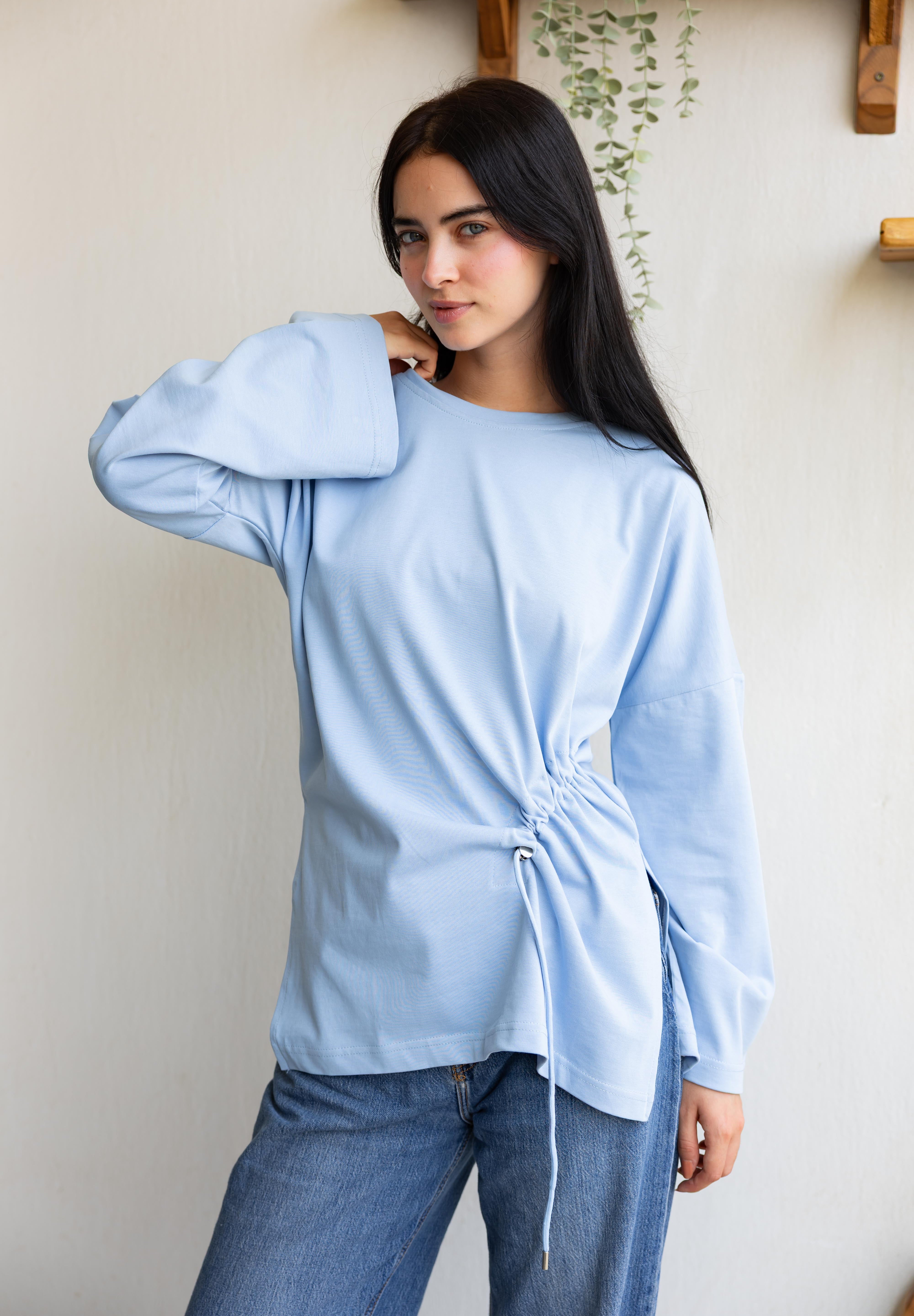 Gathered Waist T-shirt In Baby Blue