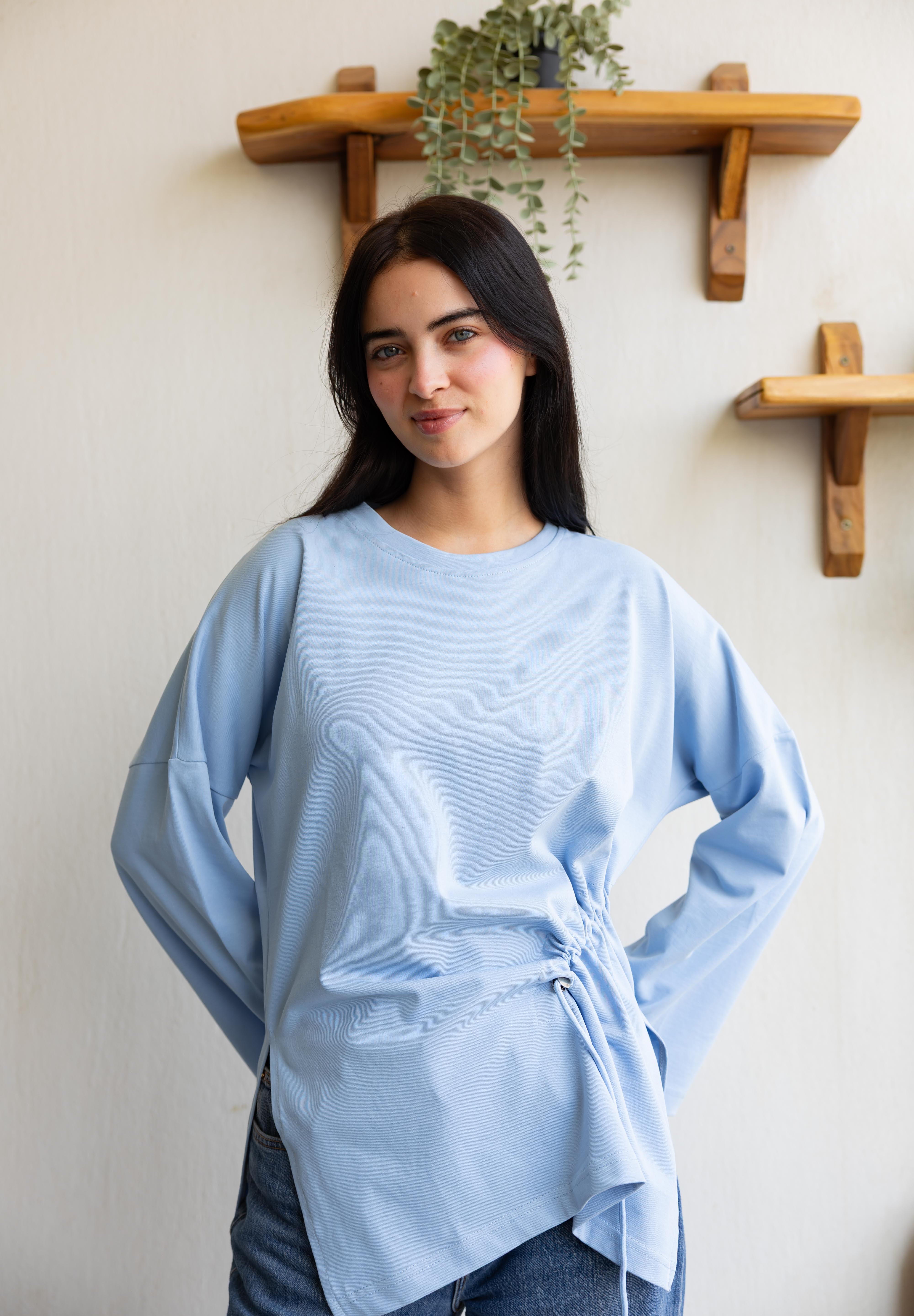Gathered Waist T-shirt In Baby Blue