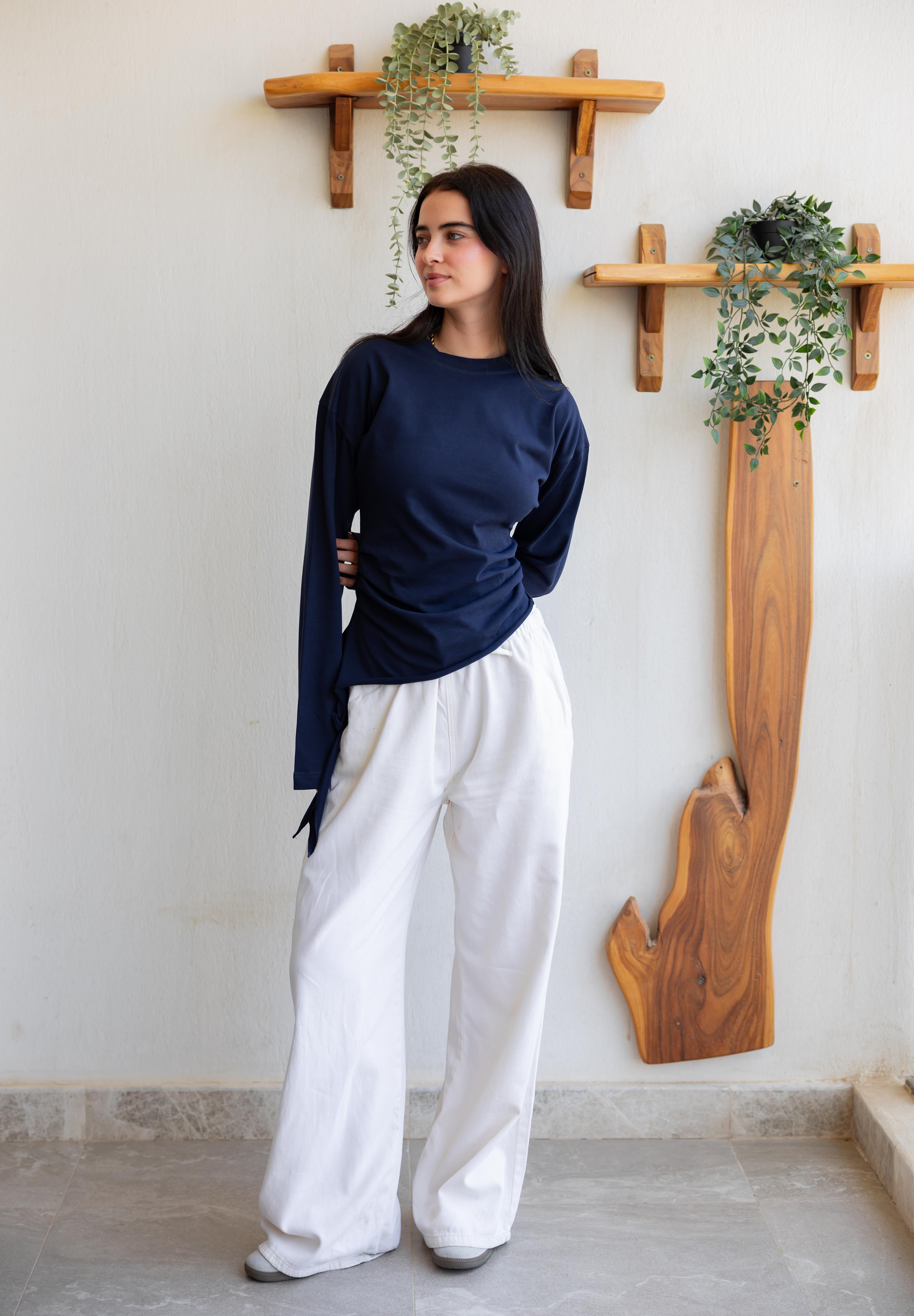 long sleeve ruched T-shirt In Navy Blue