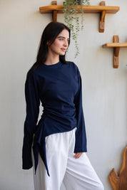 long sleeve ruched T-shirt In Navy Blue