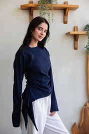 long sleeve ruched T-shirt In Navy Blue