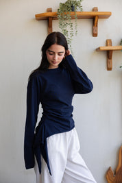long sleeve ruched T-shirt In Navy Blue