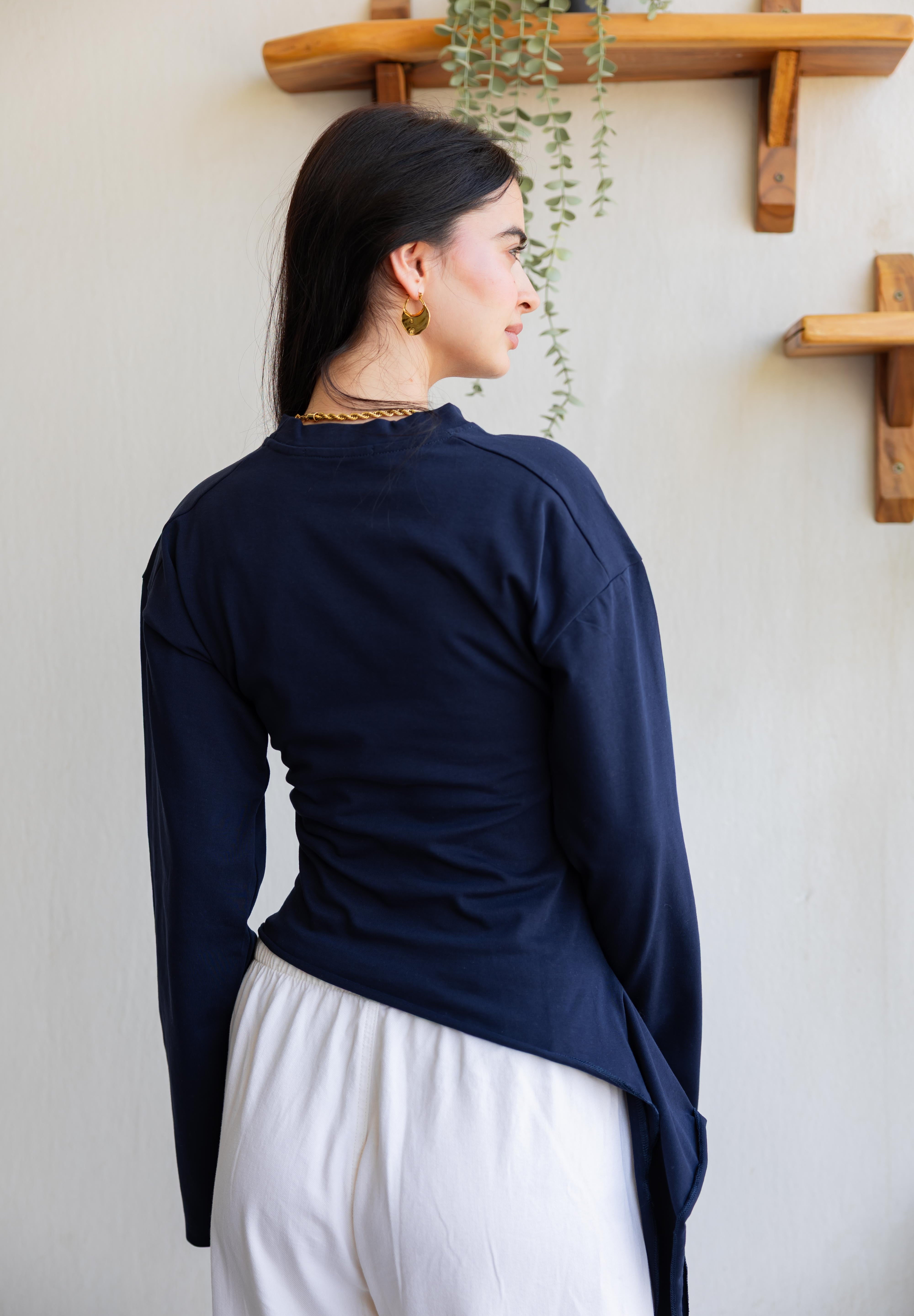 long sleeve ruched T-shirt In Navy Blue