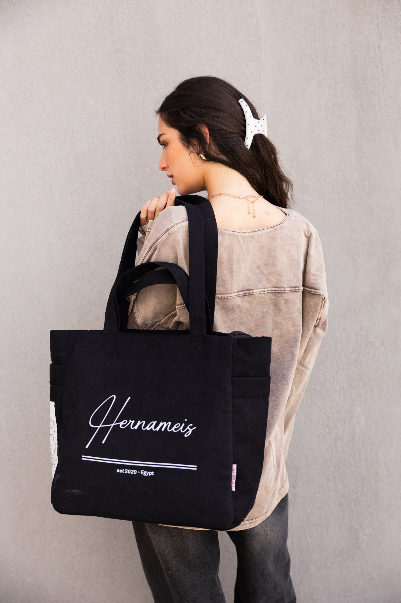 HER NAME IS TOTE BAG IN BLACK