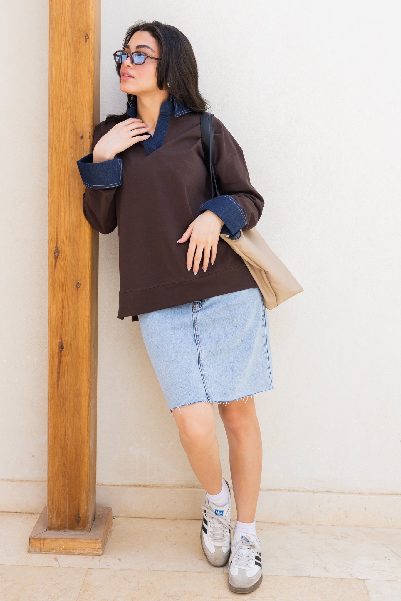 Denim Collar Tee In Brown
