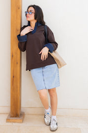 Denim Collar Tee In Brown