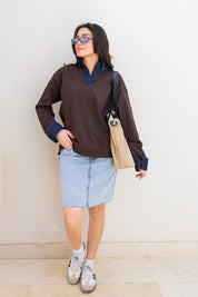 Denim Collar Tee In Brown
