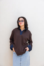 Denim Collar Tee In Brown
