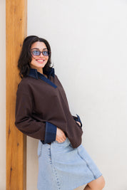Denim Collar Tee In Brown
