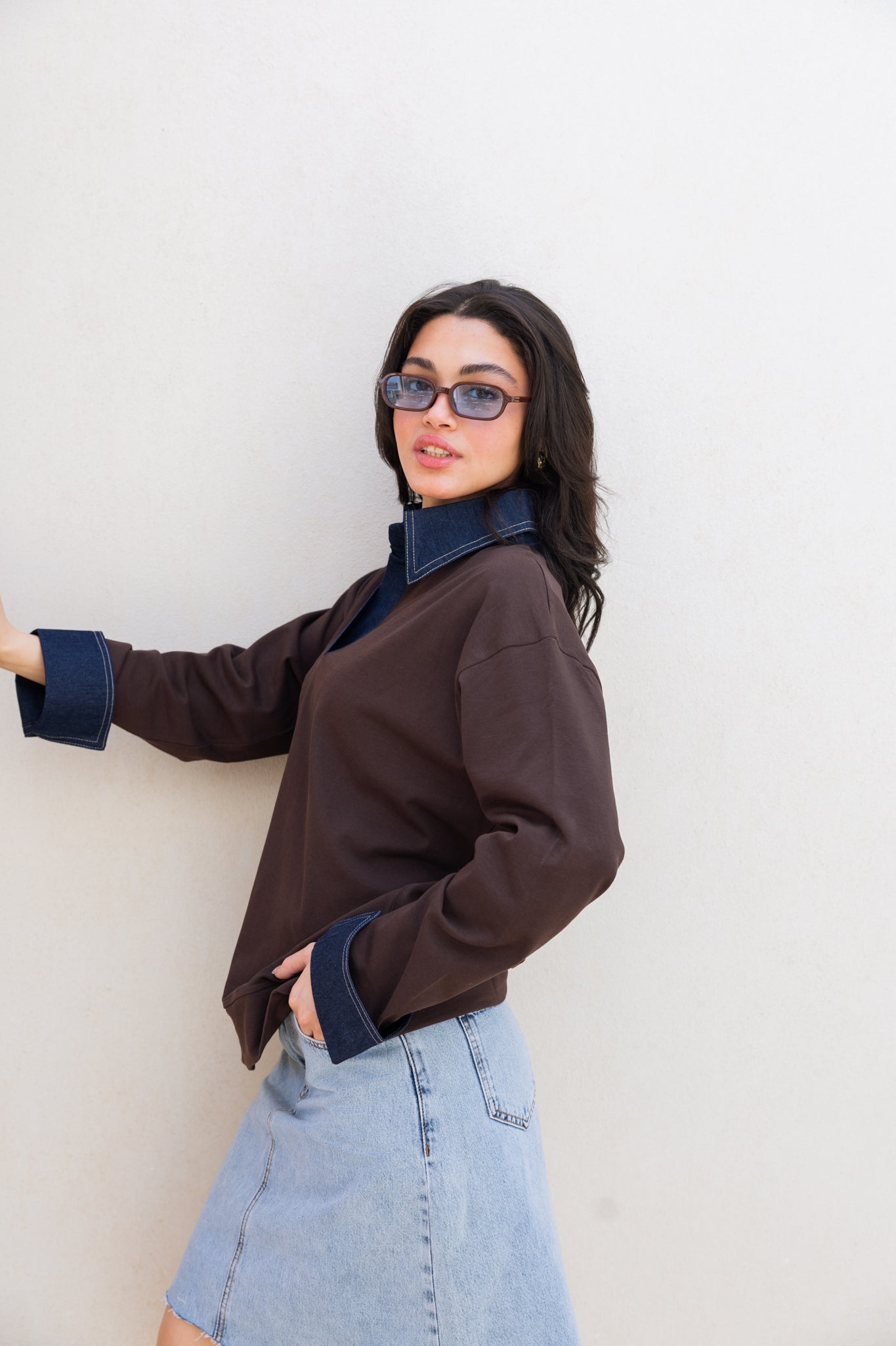 Denim Collar Tee In Brown