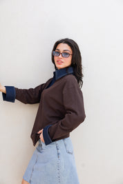 Denim Collar Tee In Brown
