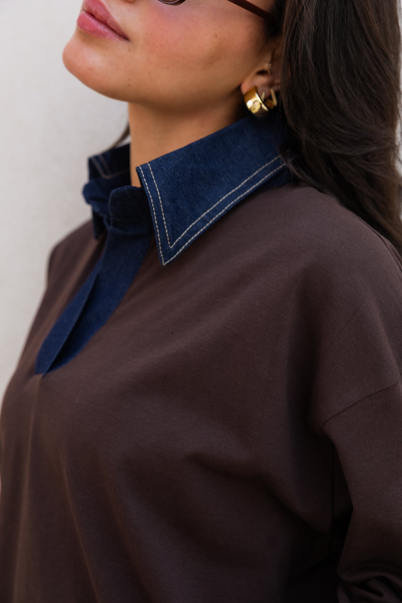 Denim Collar Tee In Brown