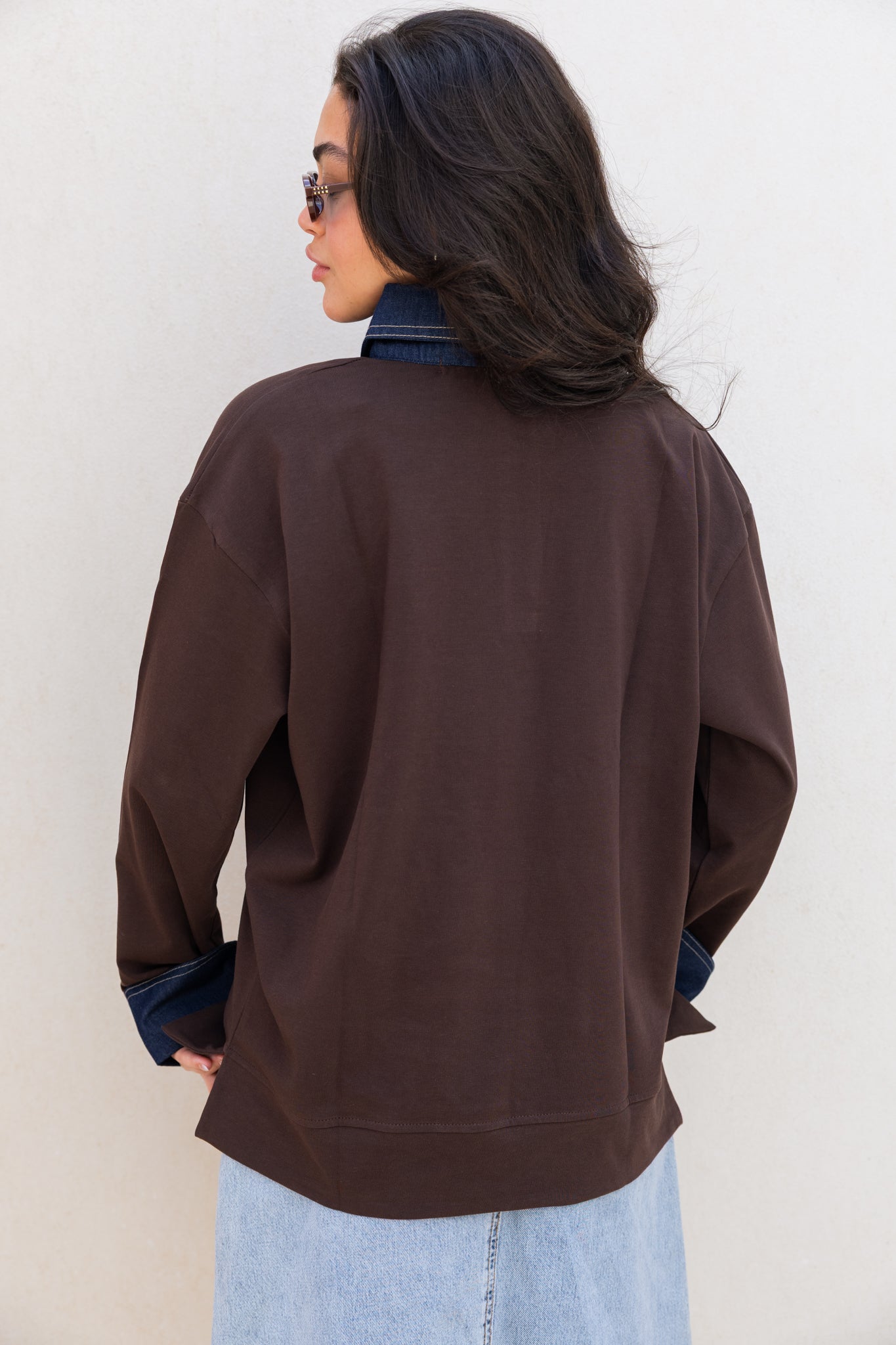 Denim Collar Tee In Brown