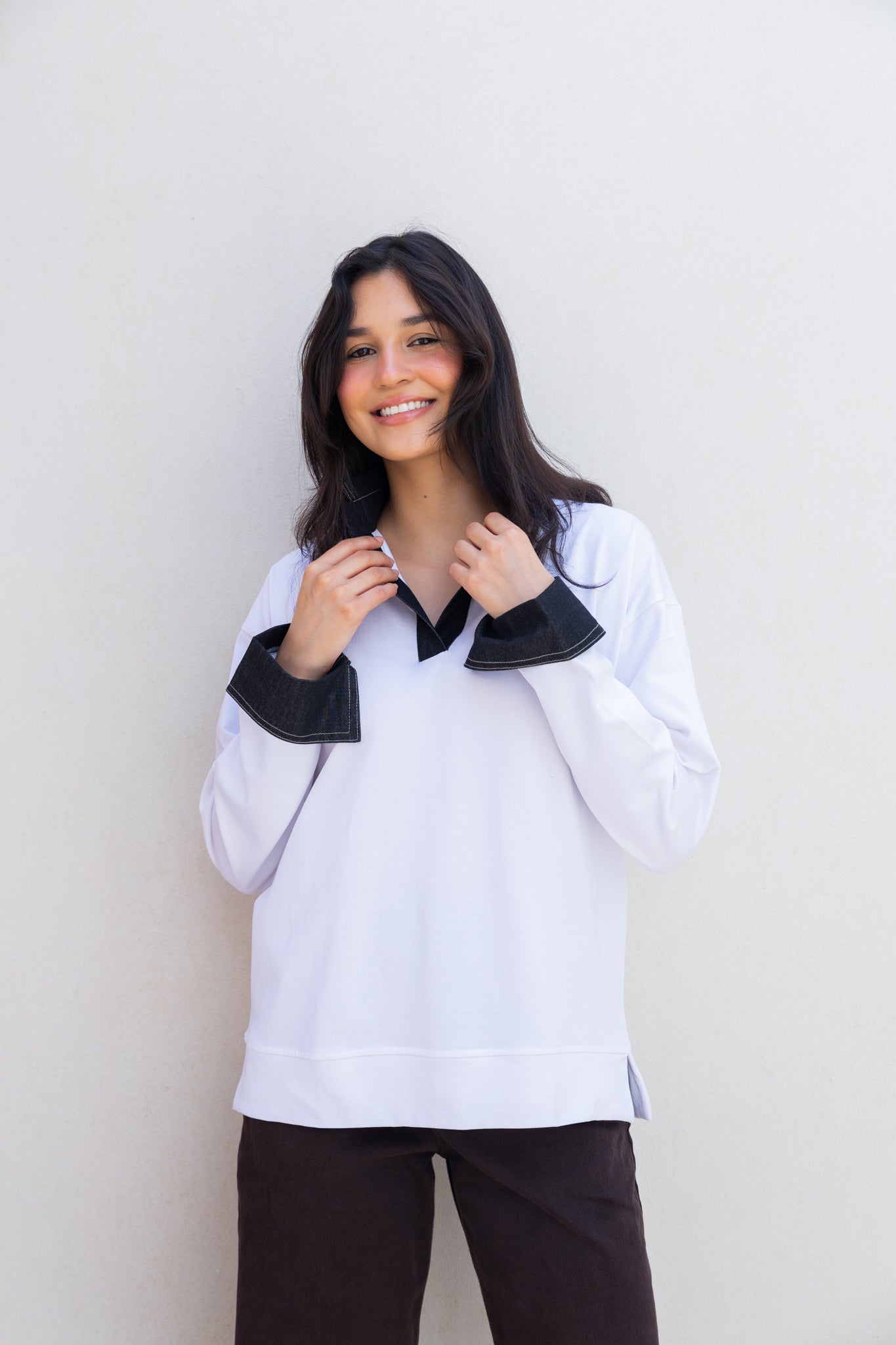 Denim Collar Tee In White