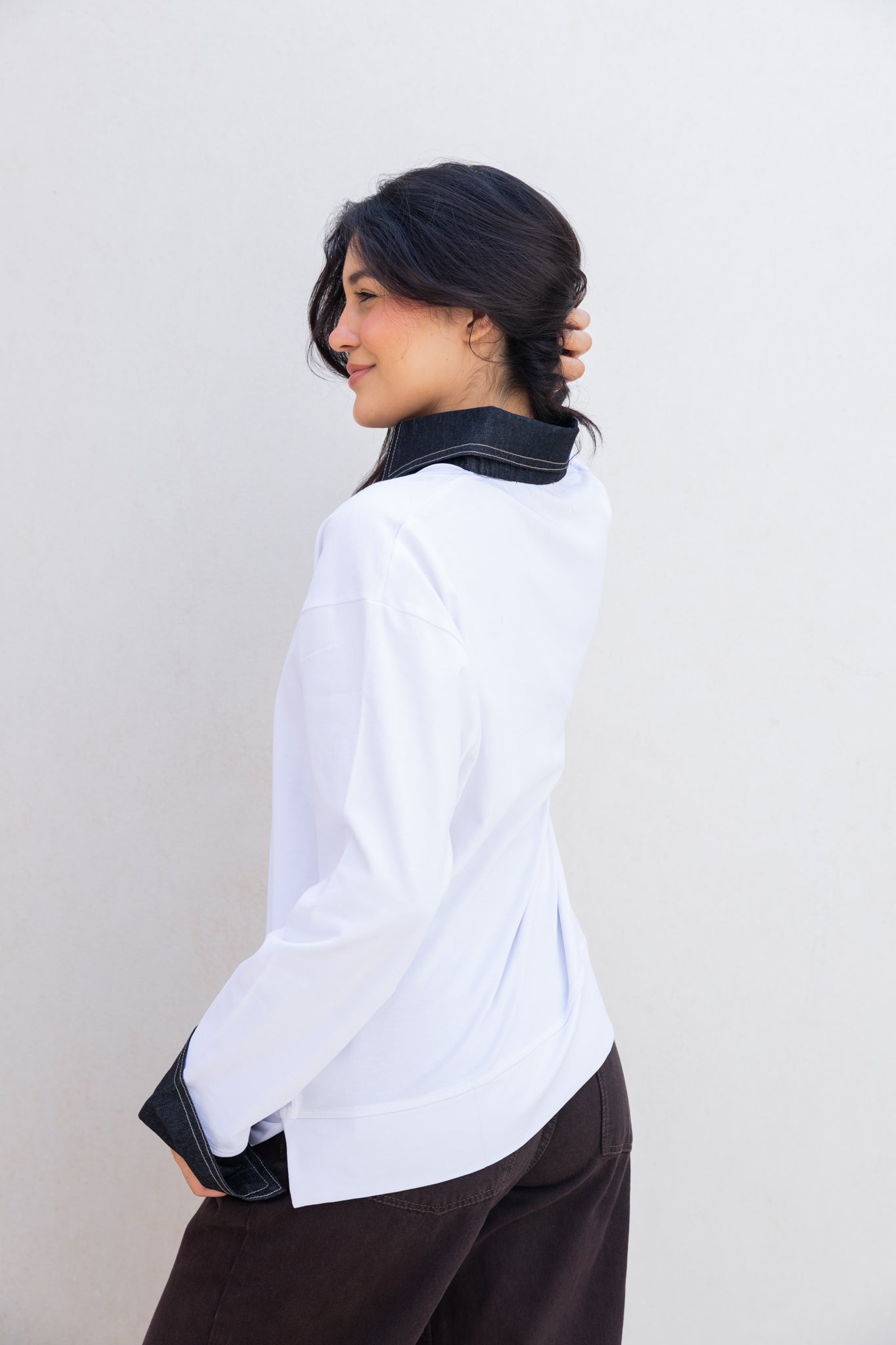 Denim Collar Tee In White
