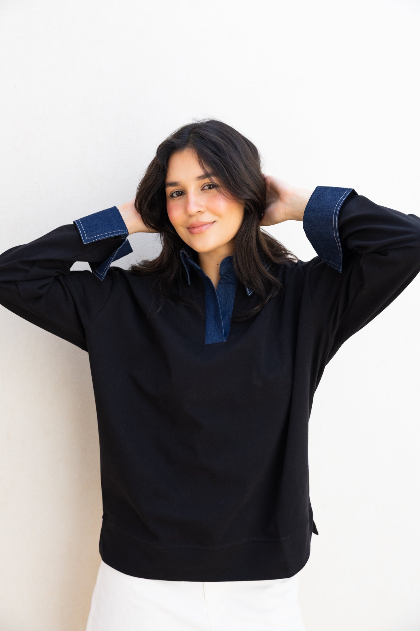 Denim Collar Tee In Black