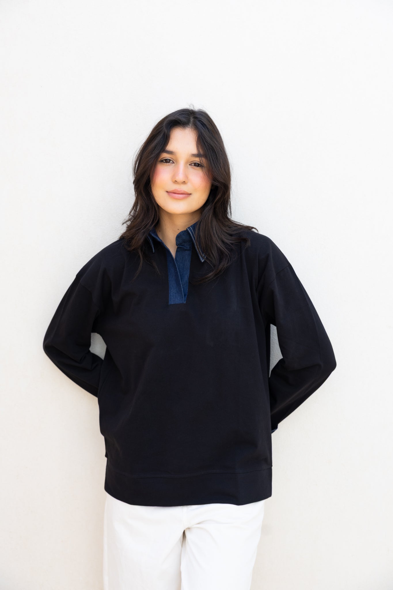 Denim Collar Tee In Black