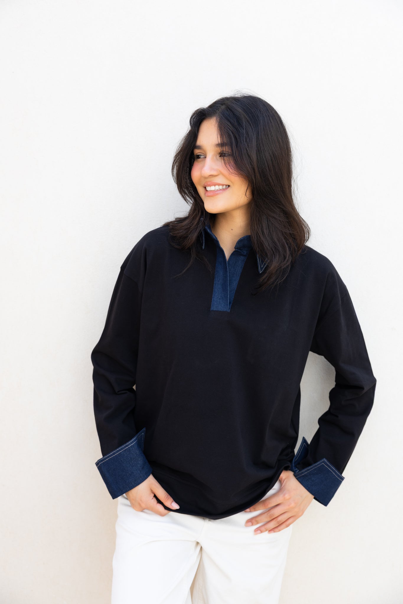 Denim Collar Tee In Black