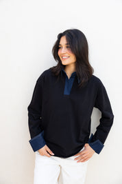 Denim Collar Tee In Black