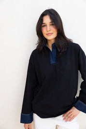 Denim Collar Tee In Black