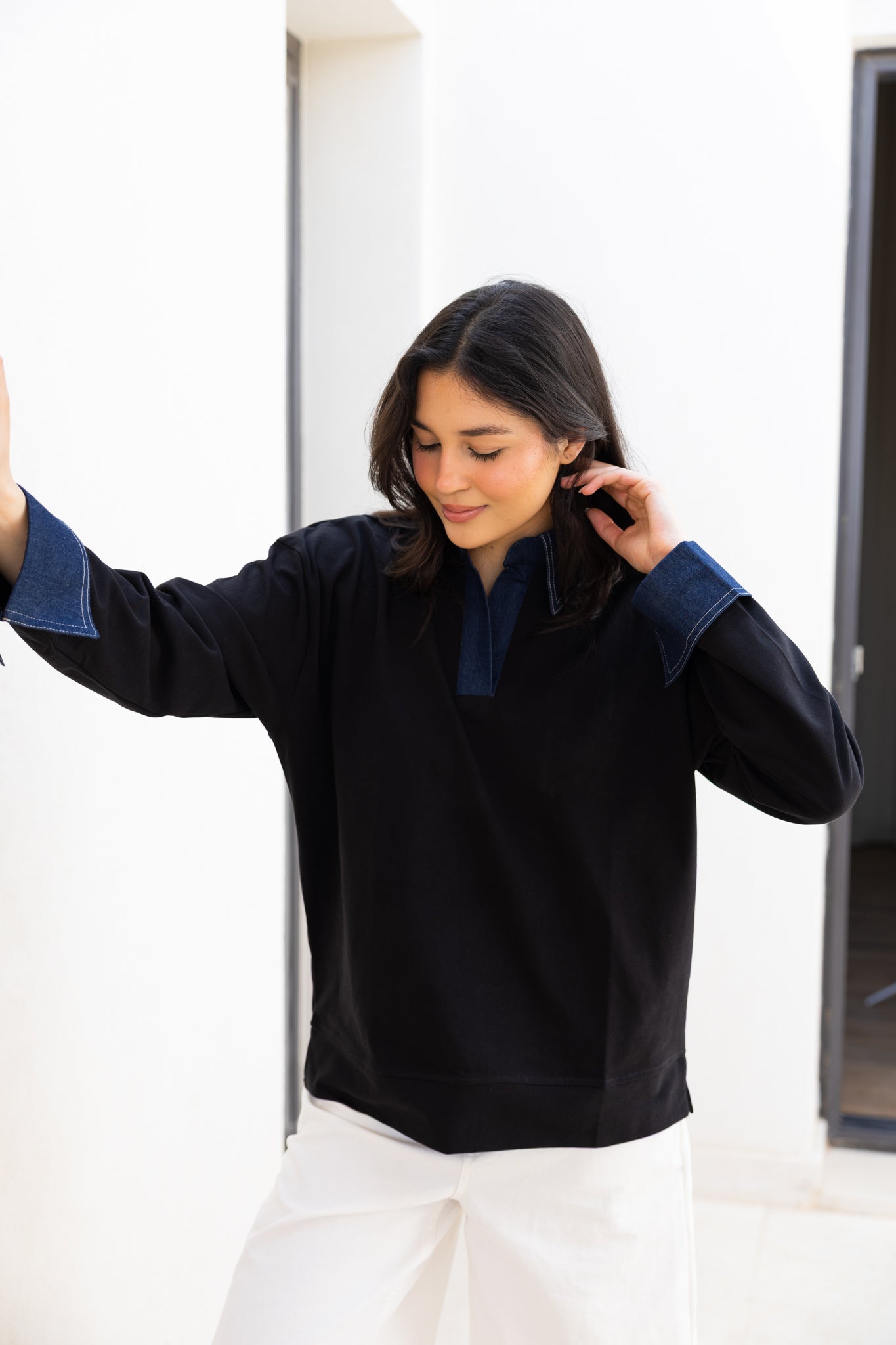 Denim Collar Tee In Black