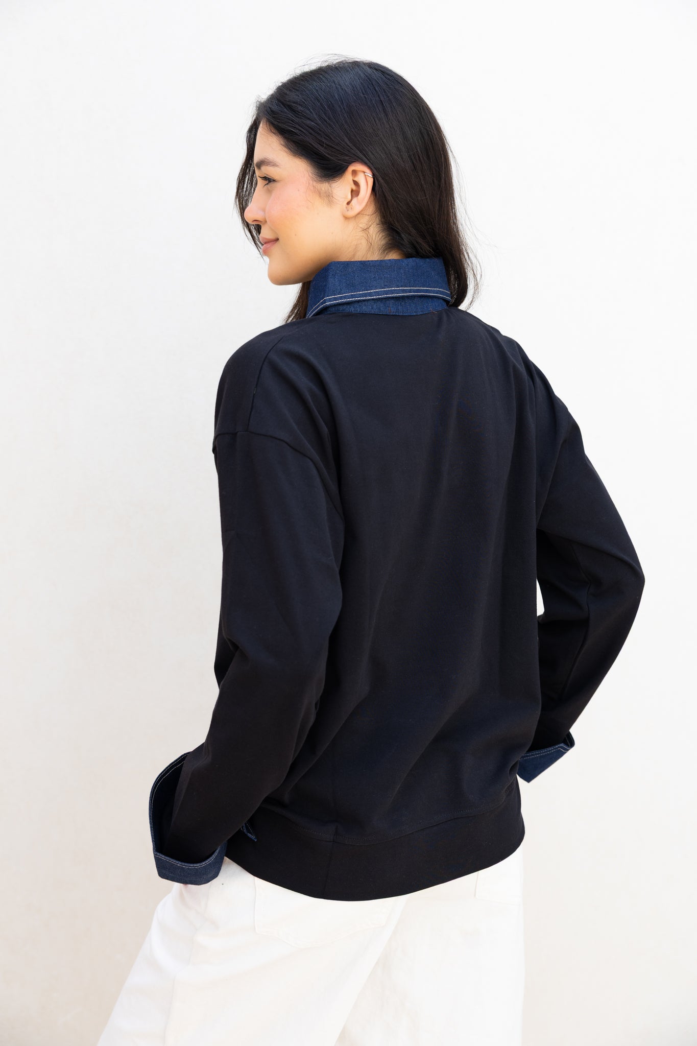 Denim Collar Tee In Black