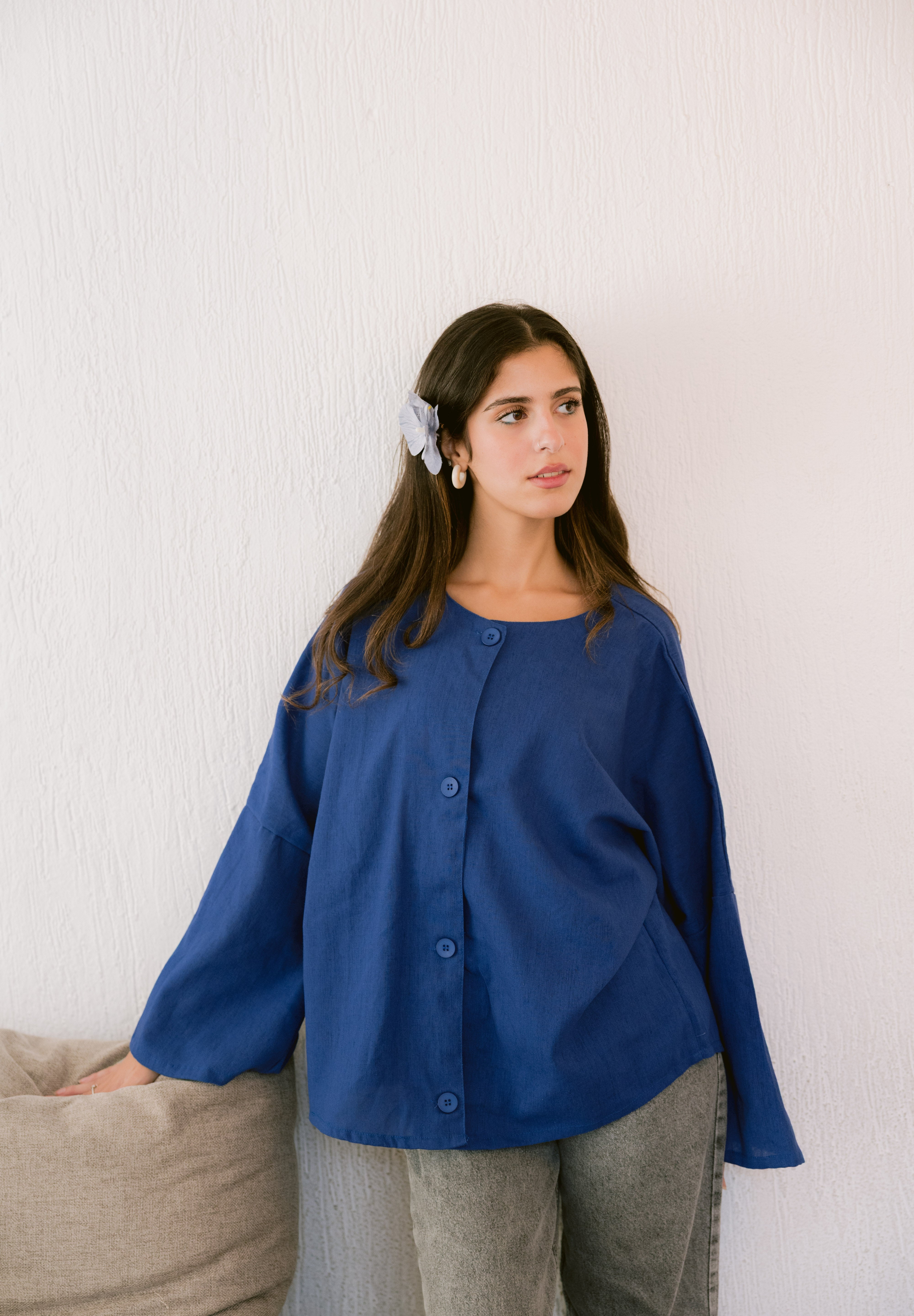 Her Way Linen Shirt In Royal Blue