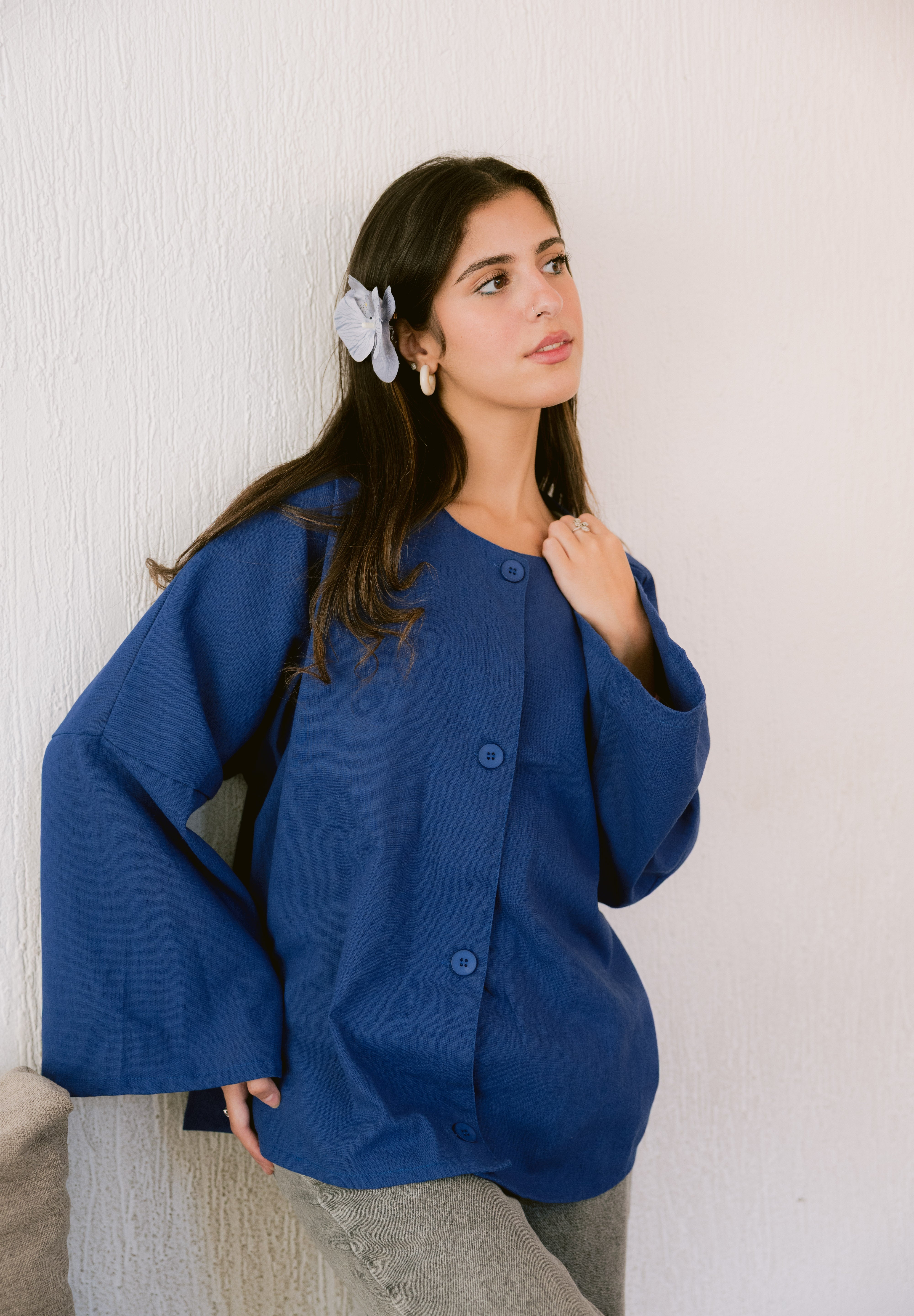 Her Way Linen Shirt In Royal Blue
