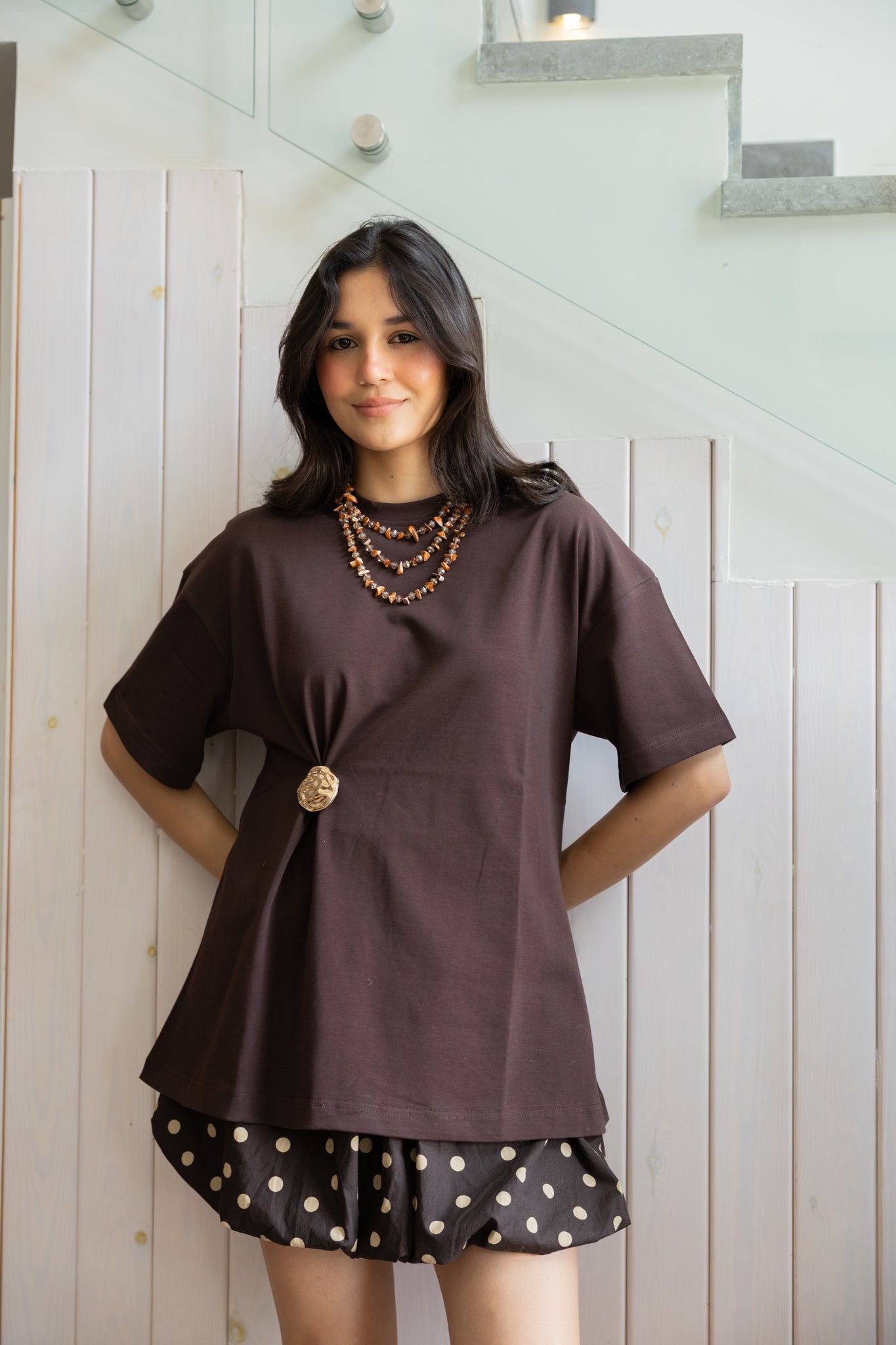 Brooch Blouse In Brown