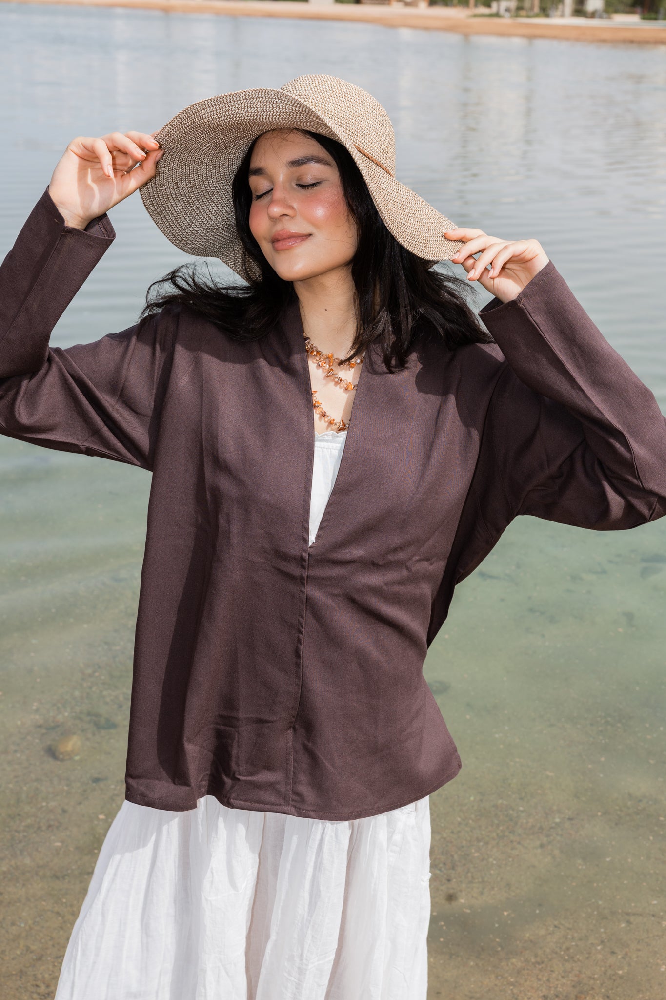 Flowing linen wrap blouse In Brown