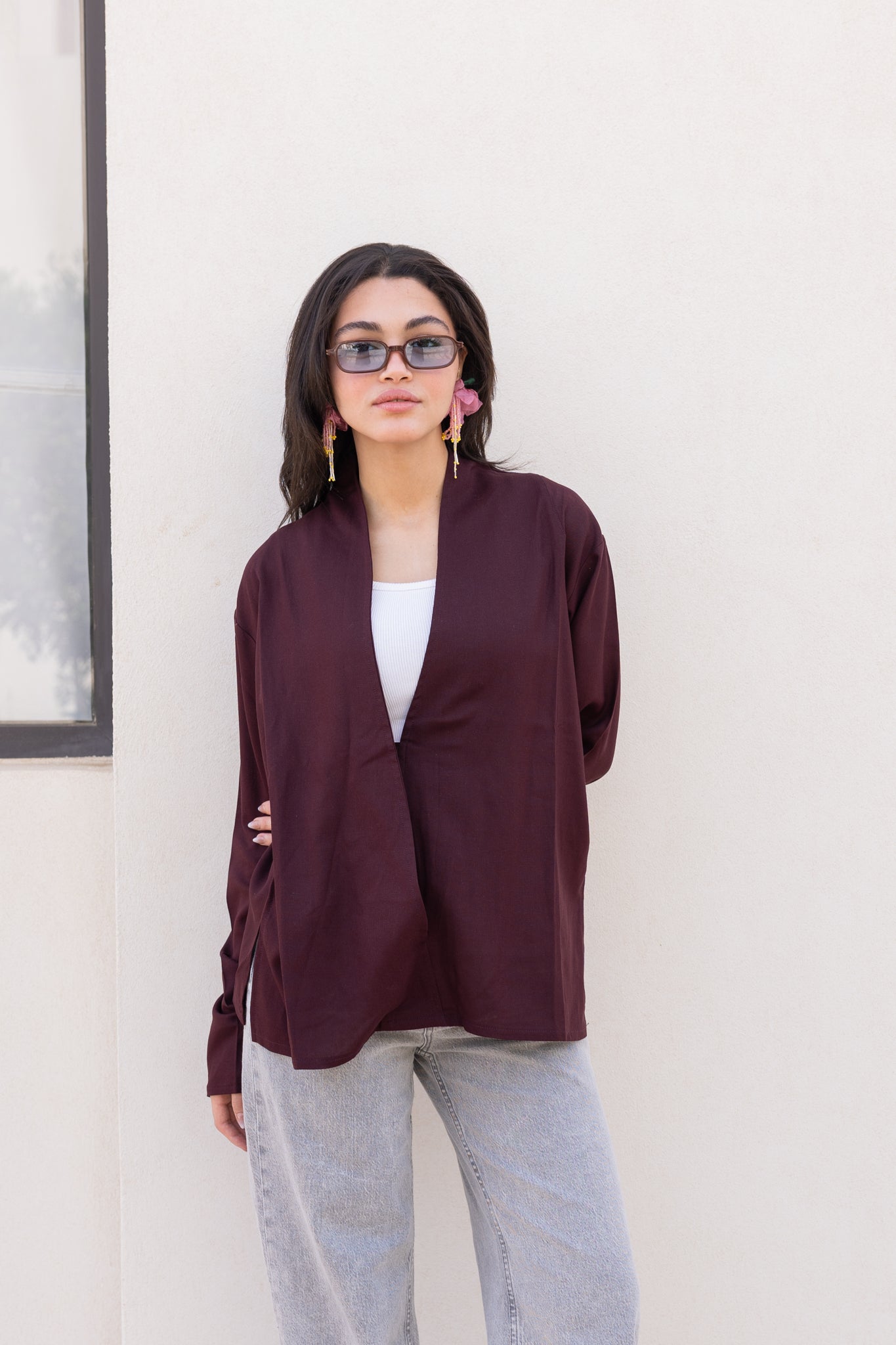 Flowing linen wrap blouse In Wine