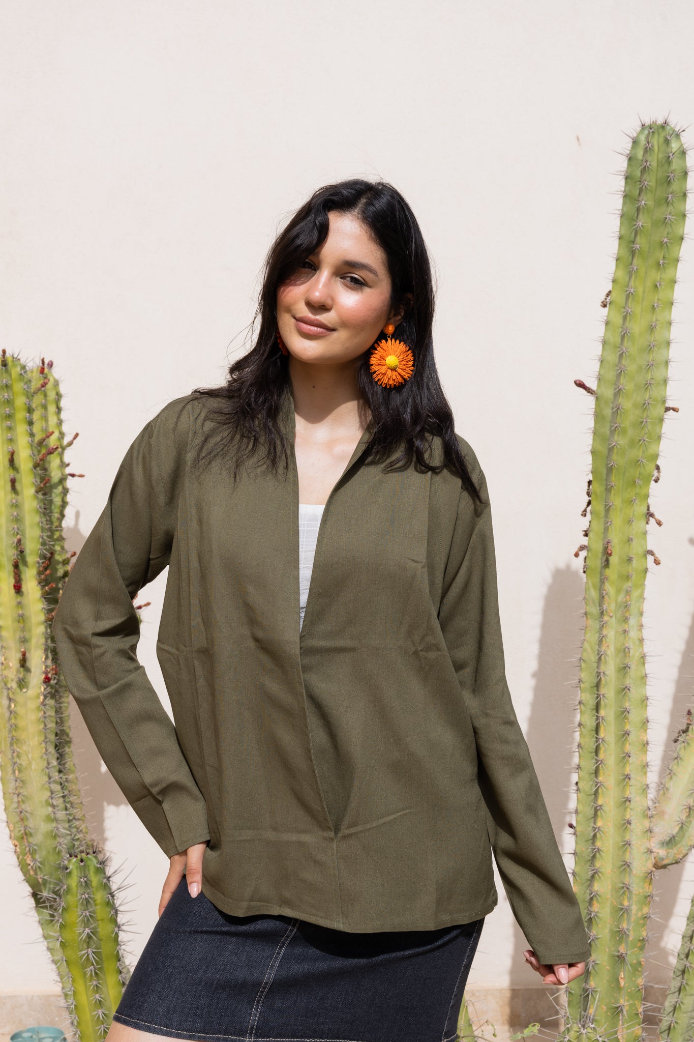 Flowing linen wrap blouse In Olive