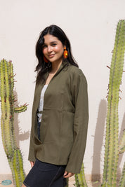 Flowing linen wrap blouse In Olive